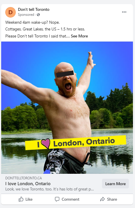 An image of a happy man throwing his arms into the air and about to plunge into a lake. A banner across the image with a hear reads, I love London, Ontario