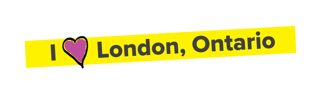 A bright yellow banner with a pinky purple heart that readsL "I love London, Ontario"